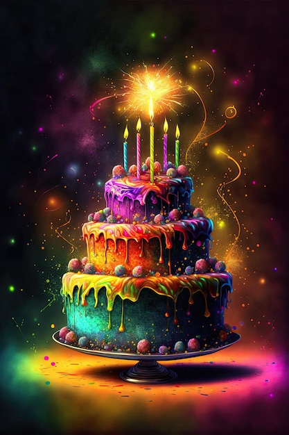 Una torta colorata con sopra dei fuochi d'artificio illuminati