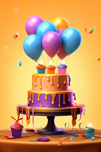 una torta colorata con sopra dei palloncini e un'immagine di palloncini in cima.