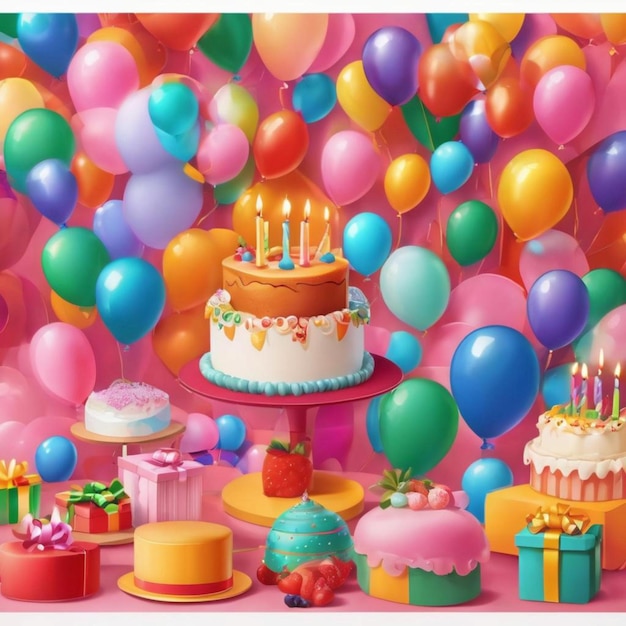 Una torta con candeline accese e palloncini colorati su un tavolo per festeggiare un compleanno