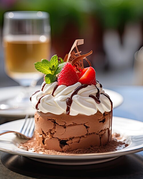 una torta con cioccolato e fragole su di essa si siede su un tavolo