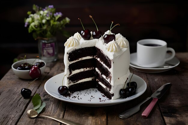 una torta con cioccolato e glassa di vaniglia si siede su un tavolo