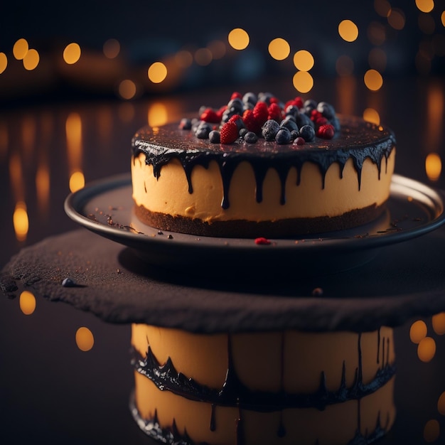 Una torta con cioccolato e mirtilli sopra e uno sfondo nero con luci sullo sfondo.