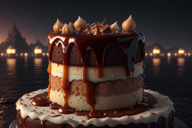 Una torta con cioccolato e salsa al caramello in cima