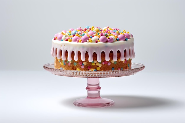 Una torta con codette colorate è su un tavolo bianco.