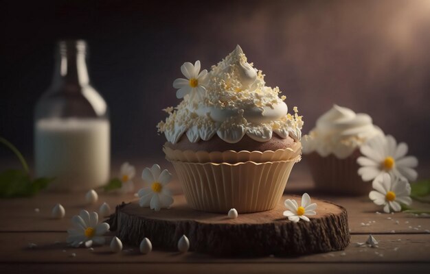 Una torta con crema proteica decorata con fiori su una tavola di legno stilllife