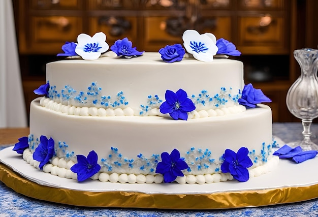 Una torta con dei fiori blu sopra