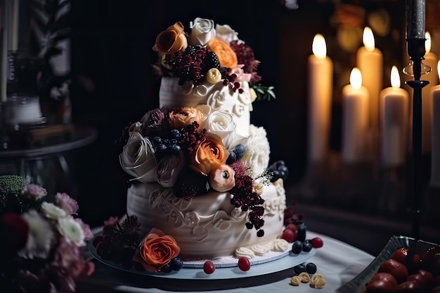 Una torta con dei fiori sopra e una candela sullo sfondo