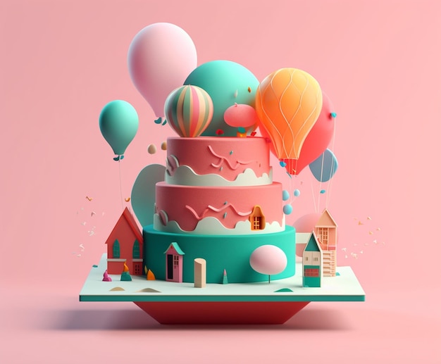 una torta con dei palloncini e una casa sopra