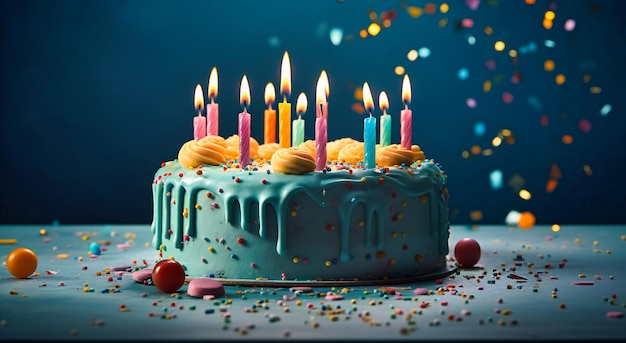 Una torta con diverse candele davanti a uno sfondo blu