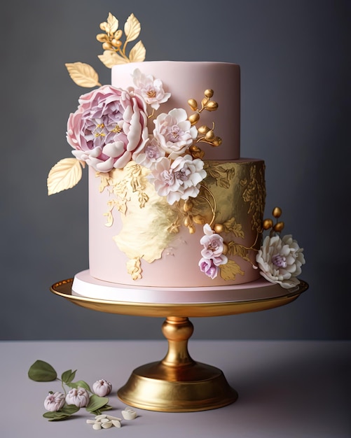 Una torta con fiori rosa e oro su un supporto dorato