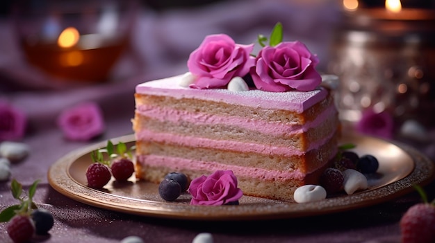 una torta con fiori rosa e viola su un piatto