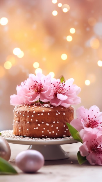 Una torta con fiori rosa in cima