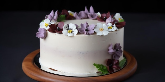 Una torta con fiori viola e bianchi sopra