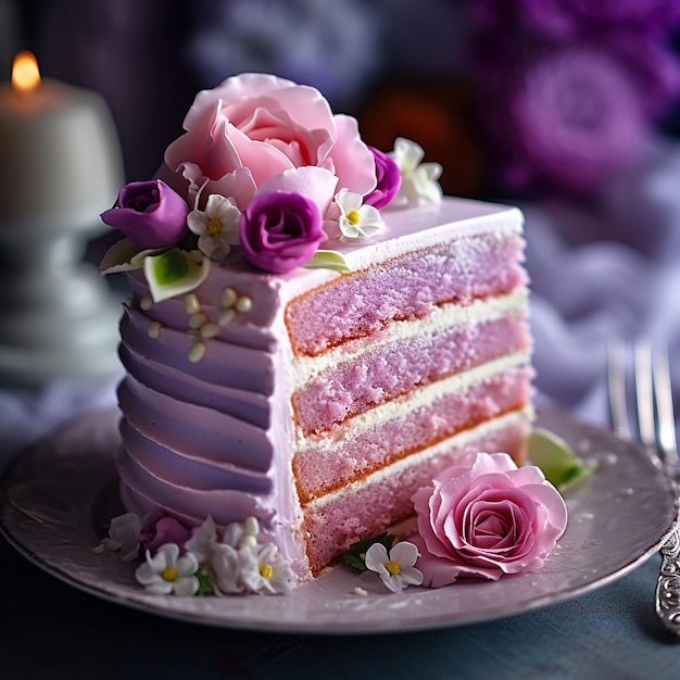 una torta con fiori viola e bianchi su un piatto