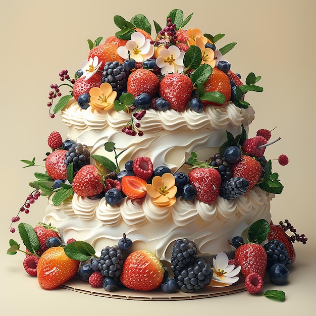 una torta con frutta e fiori su di essa e una tarta con un mucchio di bacche su di essa