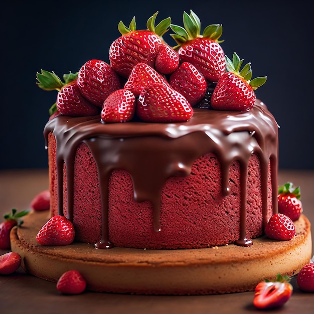 Una torta con glassa al cioccolato e fragole sopra.