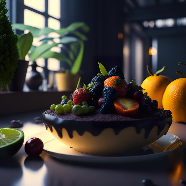 Una torta con glassa al cioccolato e frutta sopra