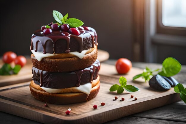 Una torta con glassa al cioccolato e frutti di bosco in cima