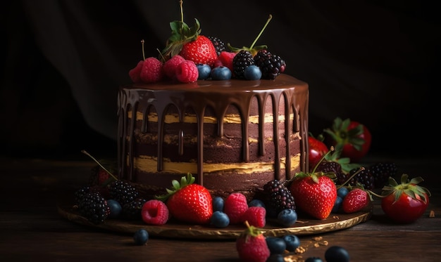 Una torta con glassa al cioccolato e frutti di bosco sopra