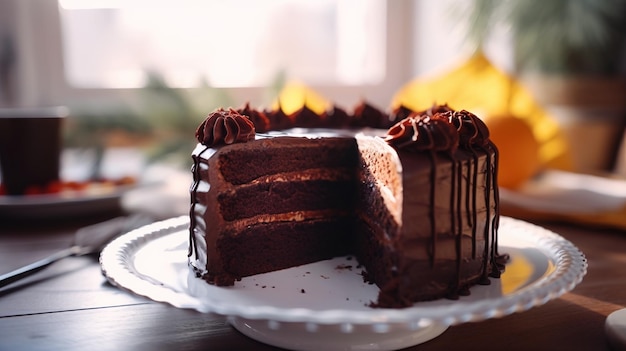 Una torta con glassa al cioccolato e ne manca un pezzo