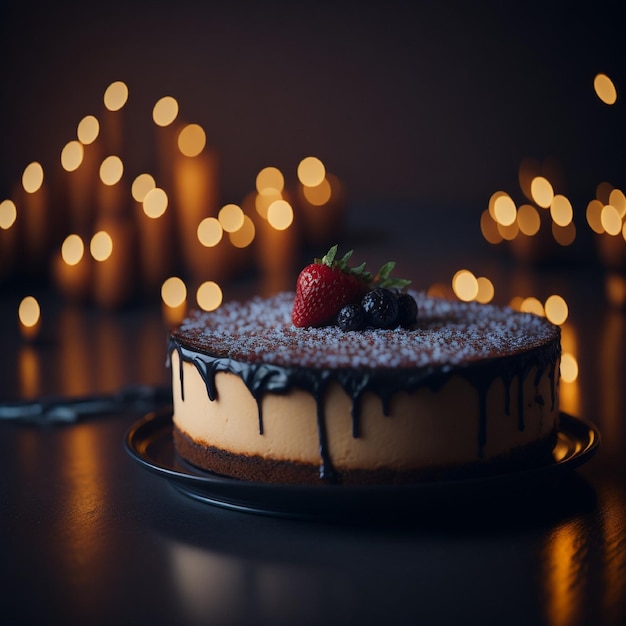 Una torta con glassa al cioccolato e sopra una fragola