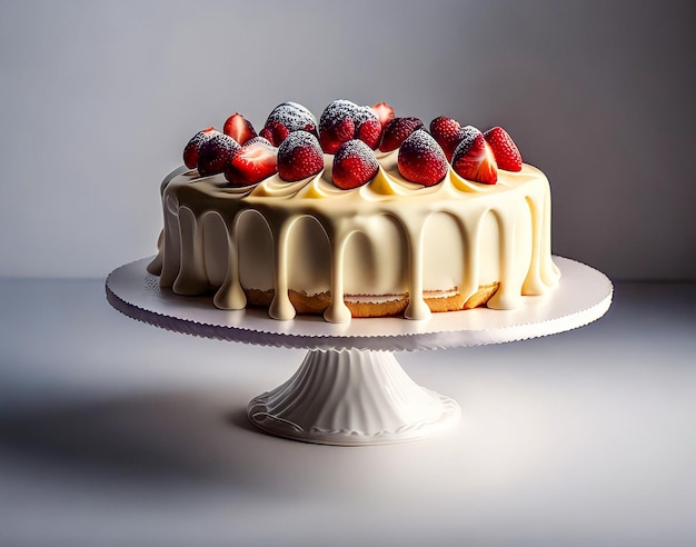 Una torta con glassa bianca e fragole sopra.