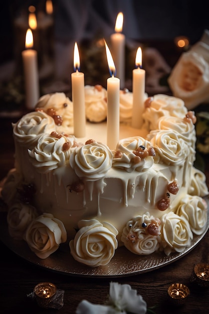 Una torta con glassa bianca e rose sopra