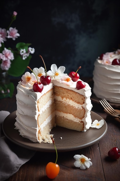 Una torta con glassa bianca e una ciliegina sulla torta