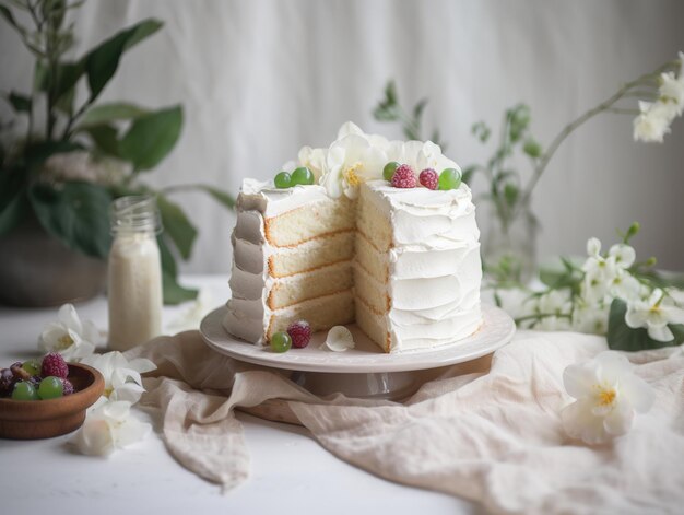 Una torta con glassa bianca e una fetta ritagliata
