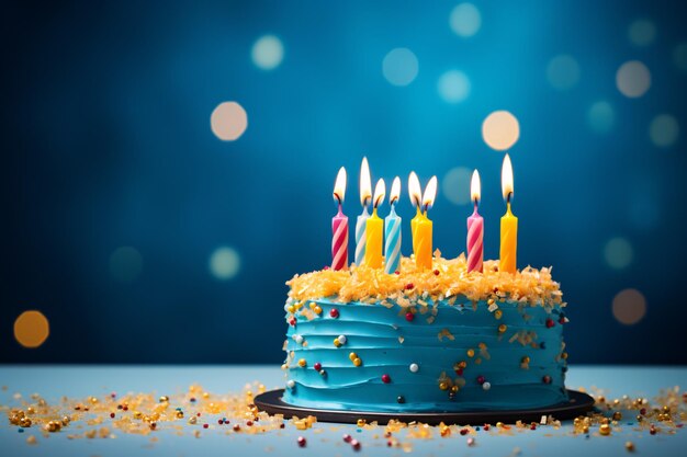 Una torta con glassa blu e candele d'oro su uno sfondo ceruleo per una celebrazione.