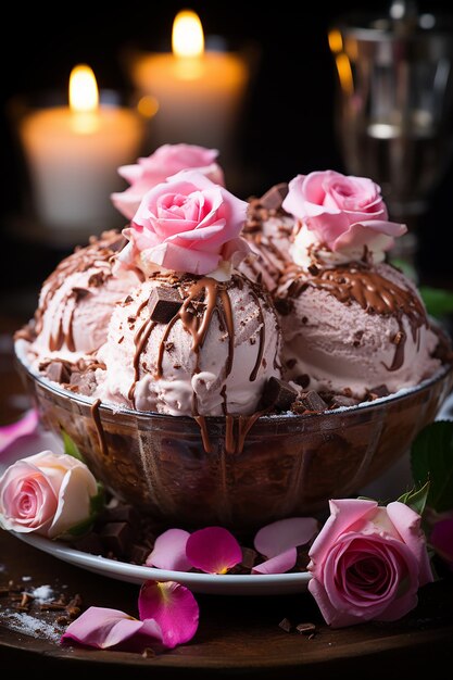 una torta con glassa di cioccolato e vaniglia e fiori davanti al fuoco.
