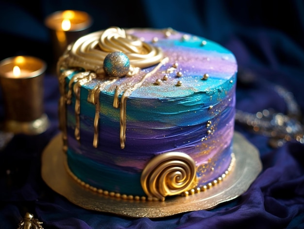 Una torta con glassa viola e oro e vortici d'oro in cima.