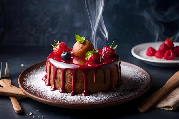 Una torta con lamponi e cioccolato sopra