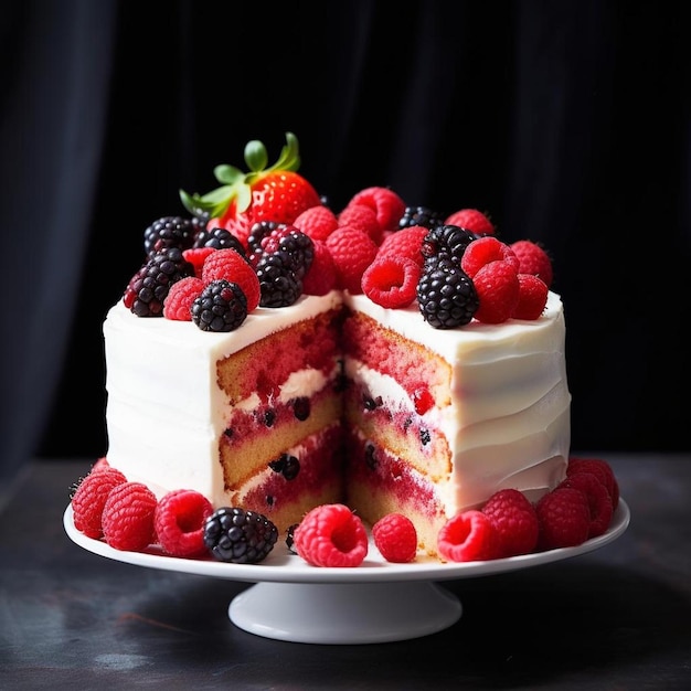 una torta con lamponi e lamponi sopra.