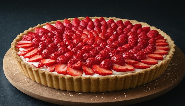 una torta con le fragole su di essa si siede su una tavola da taglio in legno