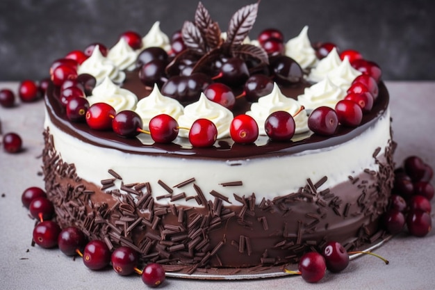 Una torta con mirtilli rossi e cioccolato su uno sfondo scuro