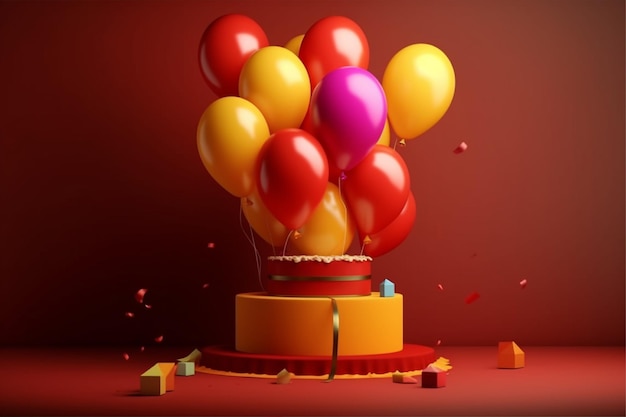 Una torta con palloncini e uno sfondo rosso