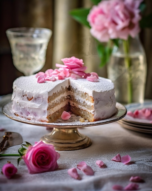 una torta con rose rosa su un tavolo