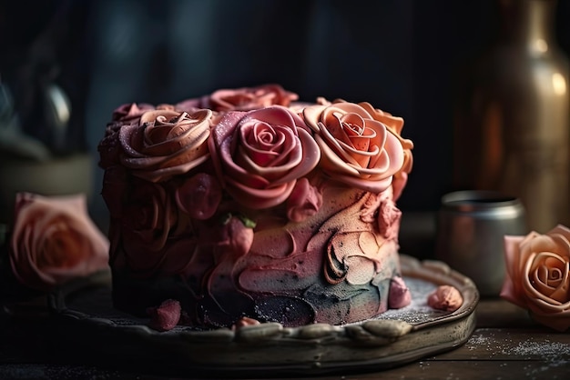 Una torta con rose sopra si trova su un tavolo.