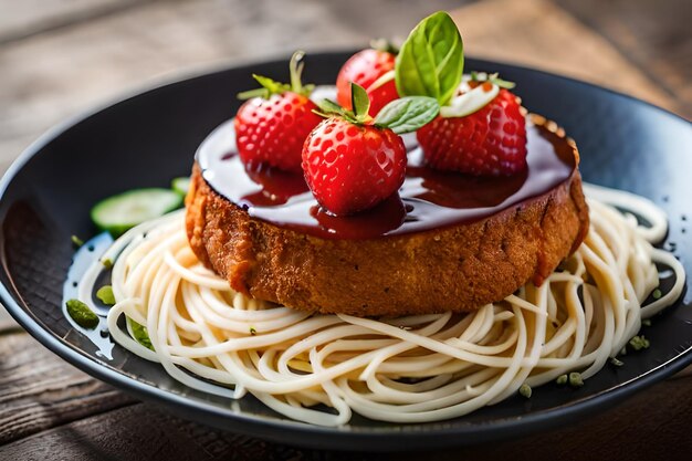 una torta con salsa di cioccolato e fragole in cima