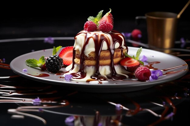 una torta con sciroppo di cioccolato e frutti di bosco su un piatto con sfondo nero.