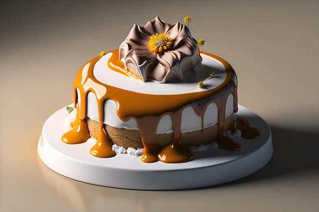 Una torta con sciroppo di fiori e caramello