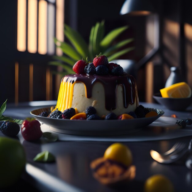 Una torta con sopra della frutta e un piatto con una luce sul tavolo dietro.