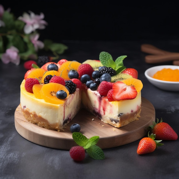 Una torta con sopra della frutta e una fetta mancante.