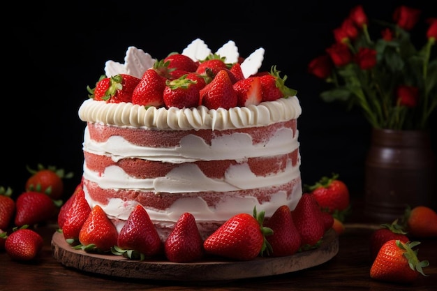 Una torta con sopra le fragole e un mazzetto di fragole in cima.