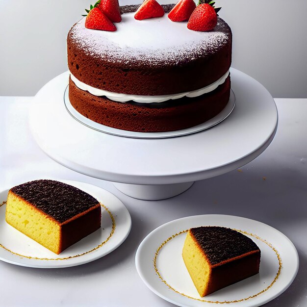 Una torta con sopra le fragole e una torta su un piatto bianco.