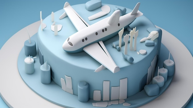 Una torta con sopra un aeroplano e sopra una città.