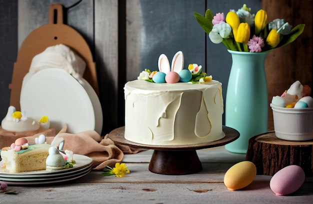 Una torta con sopra un coniglietto e un piatto con sopra le uova di Pasqua