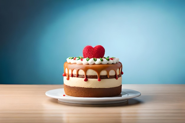 Una torta con sopra un cuore e sopra una fragola.