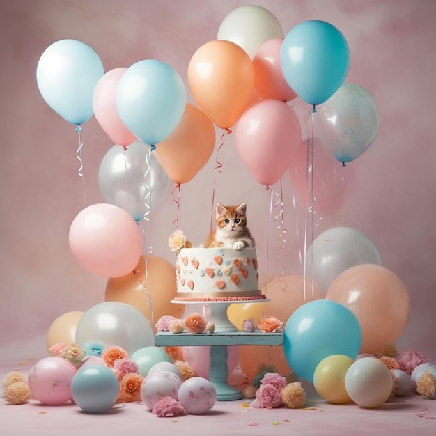 una torta con sopra un gatto e dei palloncini sul tavolo.